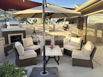 Luxury 5-Piece Wicker Patio Furniture Set – Sunbrella Cushions + Cast Aluminum Handcrafted Travertine Stone Table