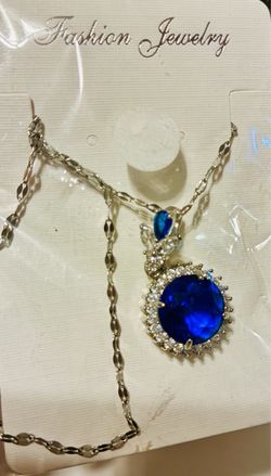 Blue Crystal Pendant Necklace Silver Tone