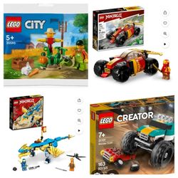 4 Lego New SETS Ninjago Kai And JAY,  Cars Monster Truck, Scarecrow Garden