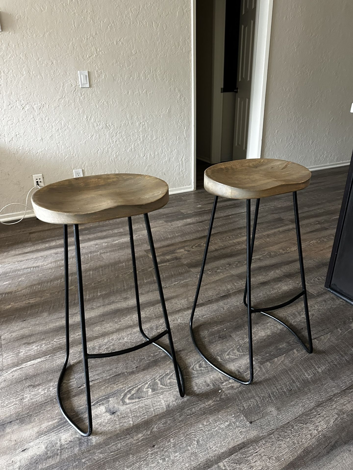 Two Bar Stools – Wood & Black Metal