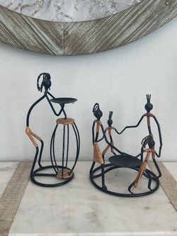 Vintage Mid-Century Modern Black Iron and Rattan Tribal Pair of Sculpted Candle Holders