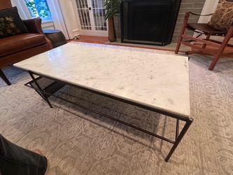 Marble Top Coffee Table with Metal Base and Magazine Rack
