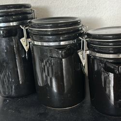 Set Of 3 Black Ceramic Cannisters