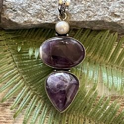 Natural Amethyst & Pearl Silver Gemstone 2.8” Pendant