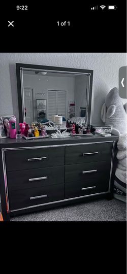 Queen size bed with 2 drawers and LED around headboard  with dresser and mirror