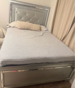 Silver Mirrored Queen Bed Frame with Tufted Headboard
