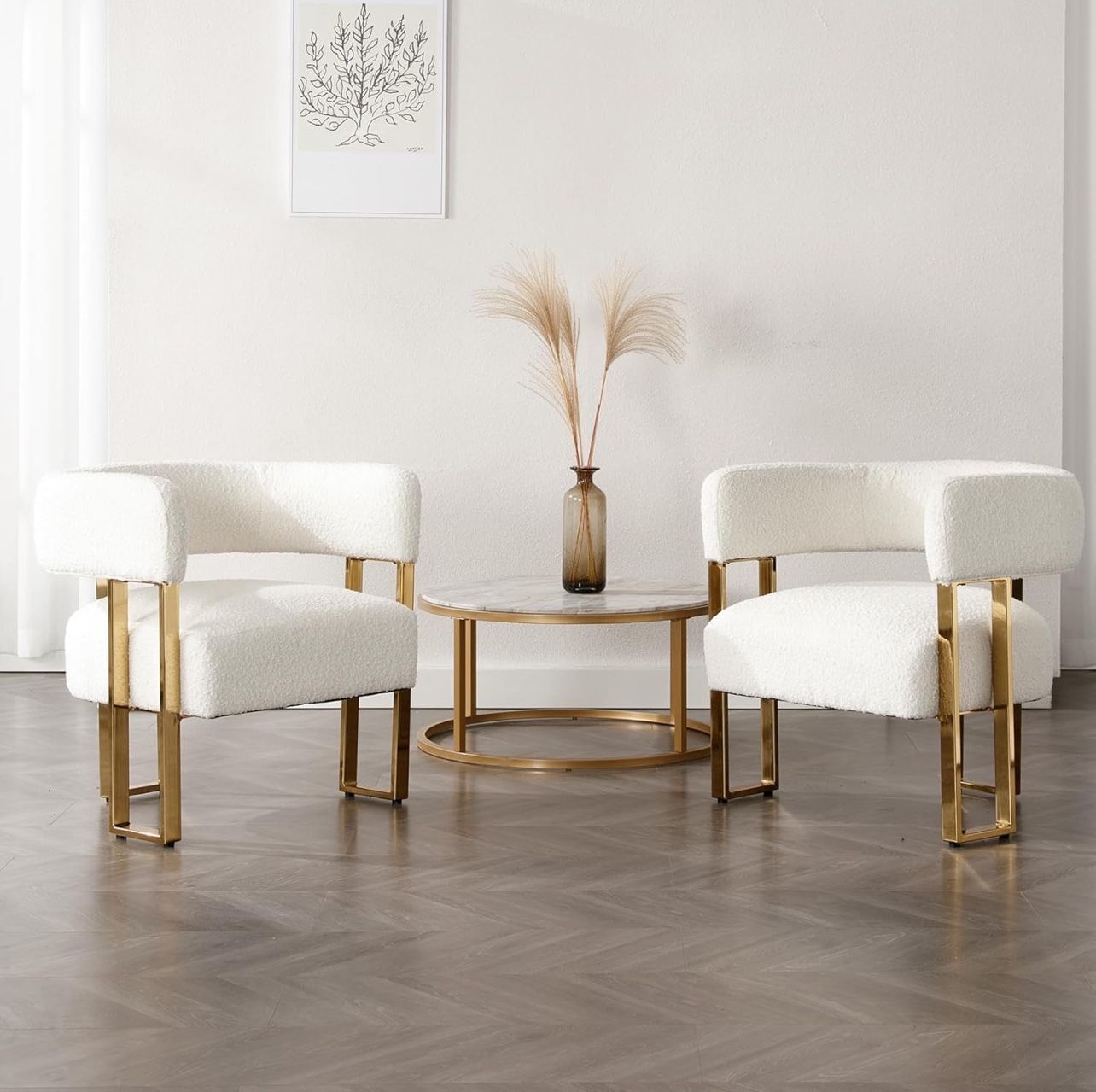 Boucle Accent Chairs Set of 2, Modern Upholstered Barrel Chairs with Metal Legs, Comfy Club Chair Single Corner Sofa Armchair for Bedroom Reception, W