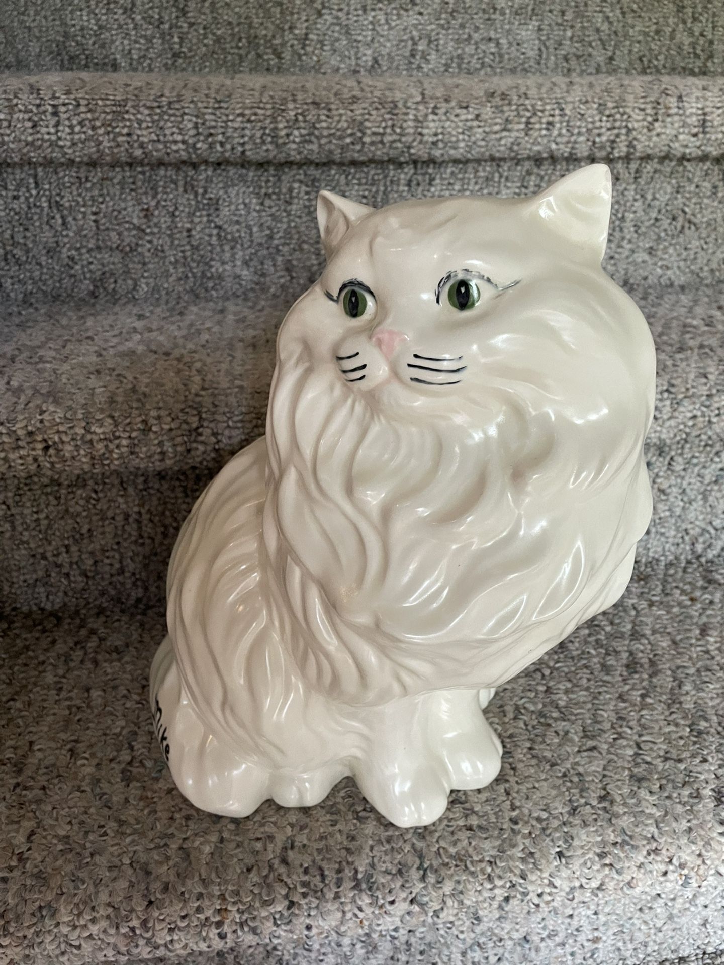Vintage Large 14" Ceramic White Persian Kitty Cat Statue Figurine Green Eyes 8/78.