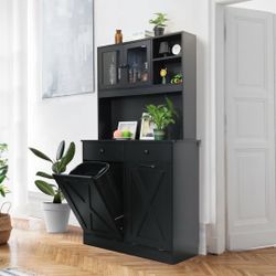 Dual Tilt Out Trash&Storage Cabinet, Kitchen Sideboard Cupboard W/Pet Proof 10X2 Gal Hidden Garbage Holder, Freestand Laundry Sort Cabinet, W/Drawer, 