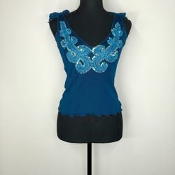Marciano Teal Blue Cropped Sheer Mesh Tank Top with  Beading and Sequins