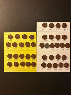 Coins – Lincoln pennies - assorted-  Denver 23 different dates - San Francisco 19 different dates – 1916  tru 1958 - Total 42 Coins