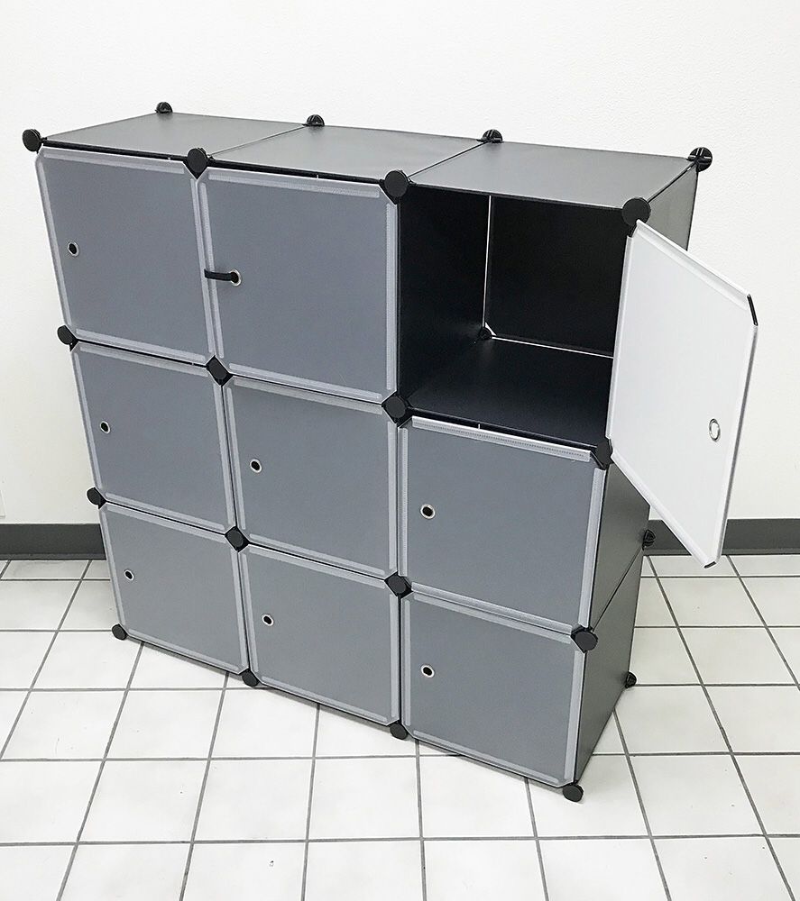 (NEW) $40 Plastic Storage 9-Cube DYI Shelf with Door Clothing Wardobe 43”x14”x43” 