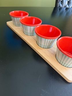New and unused Hearth & Hand Magnolia Plaid Ramekin Set with Wood Tray