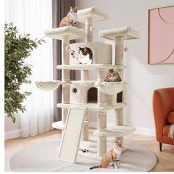 68 Inches Multi-Level Cat Tree Tower with Condo, Plush Perches, Scratching Posts, Hammocks, and Play House, Beige