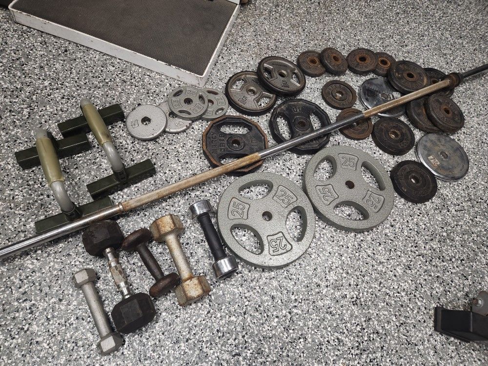 Gym Weights Bench Press Bar Push Up Dumbbells Bundle $100