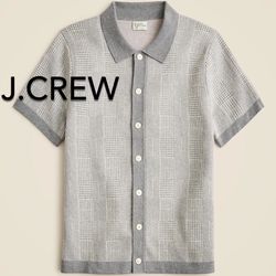 (NEW) MEN’S J.CREW SHORT-SLEEVE HERITAGE COTTON SWEATER-POLO IN WINDOWPANE JACQUARD - SIZE: MEDIUM
