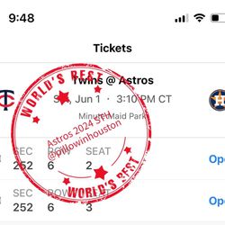 Astros vs Twins 2nd Game Saturday 6/1 3:10pm Section 252 Row 6 Seat 2-3 Price Per Ticket