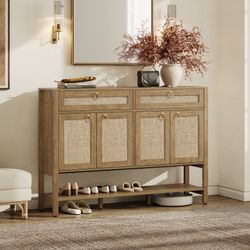 55”Rattan Sideboard Buffet Cabinet with Open Storage - Large Farmhouse Credenza with 4 Doors & 2 Drawers, Boho Coffee Bar Cabinets Buffet Console Tabl