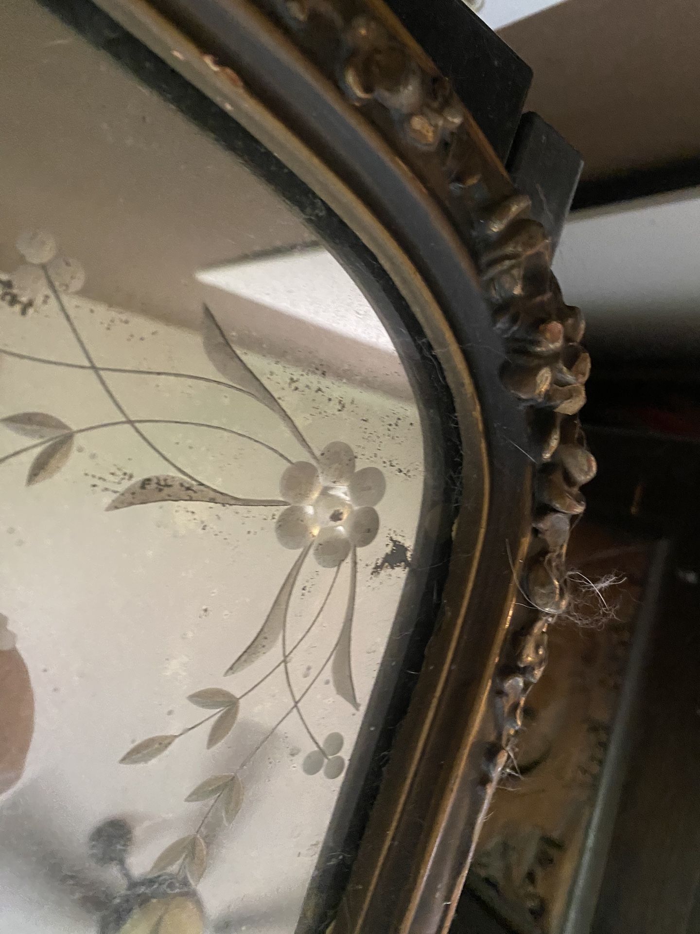 Antique 3-Panel Tri-Mirror Etched Old Wood Wall Mantle