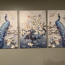 3 Piece Blue Peacock Canvas Painting 