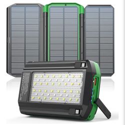 Solar Charger Power Bank 20000mAh w 3 Foldable Solar Panels,Portable,Built-in 2 Cables, 20W Fast Charging Battery Pack w Flashlights +Warning Lights (