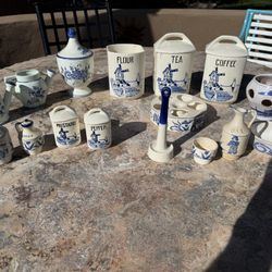 Antique French K & G Luneville Ceranostyle Blue And White Faience Kitchenware Set, Circa 1(contact info removed)