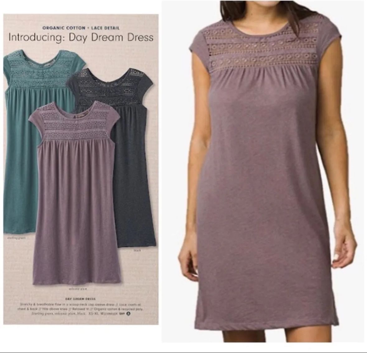 Prana day dream shift tshirt dress sz M dusty purple crochet pleated cap sleeve