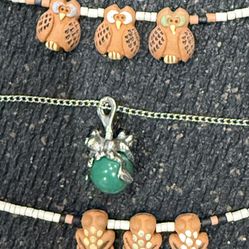 Set of 3 Owl, Frog, Hand Beads + Green Stone Pendant Necklaces