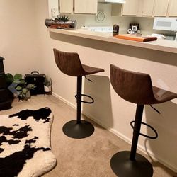 SET OF 2 brown faux leather counter chairs pu leather adjustable swivel rotating kitchen bar stools