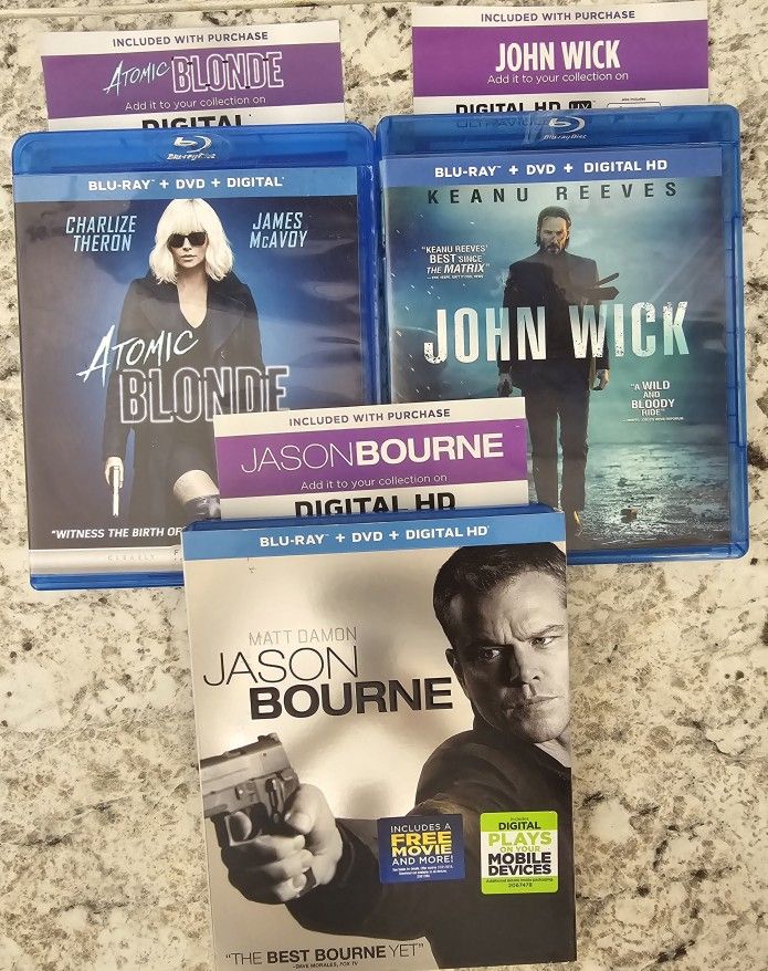Jason Bourne/Atomic Blonde/John Wick (Blu-ray/DVD/Digital Copy) LOT