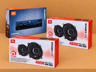 JBL Car Stereo & Speaker System Bundle Celebrity 100 Single Din Bluetooth USB Aux FM Radio 2-Sets Stage3 68F 6 1/2" 2-Way Coaxial Speakers 1120 Watt P