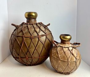Vintage Leather Wrapped Netted Jugs Vessels Brass Neck Handles Set of 2