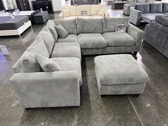 Gray Corduroy Sectional Sofa with Ottoman