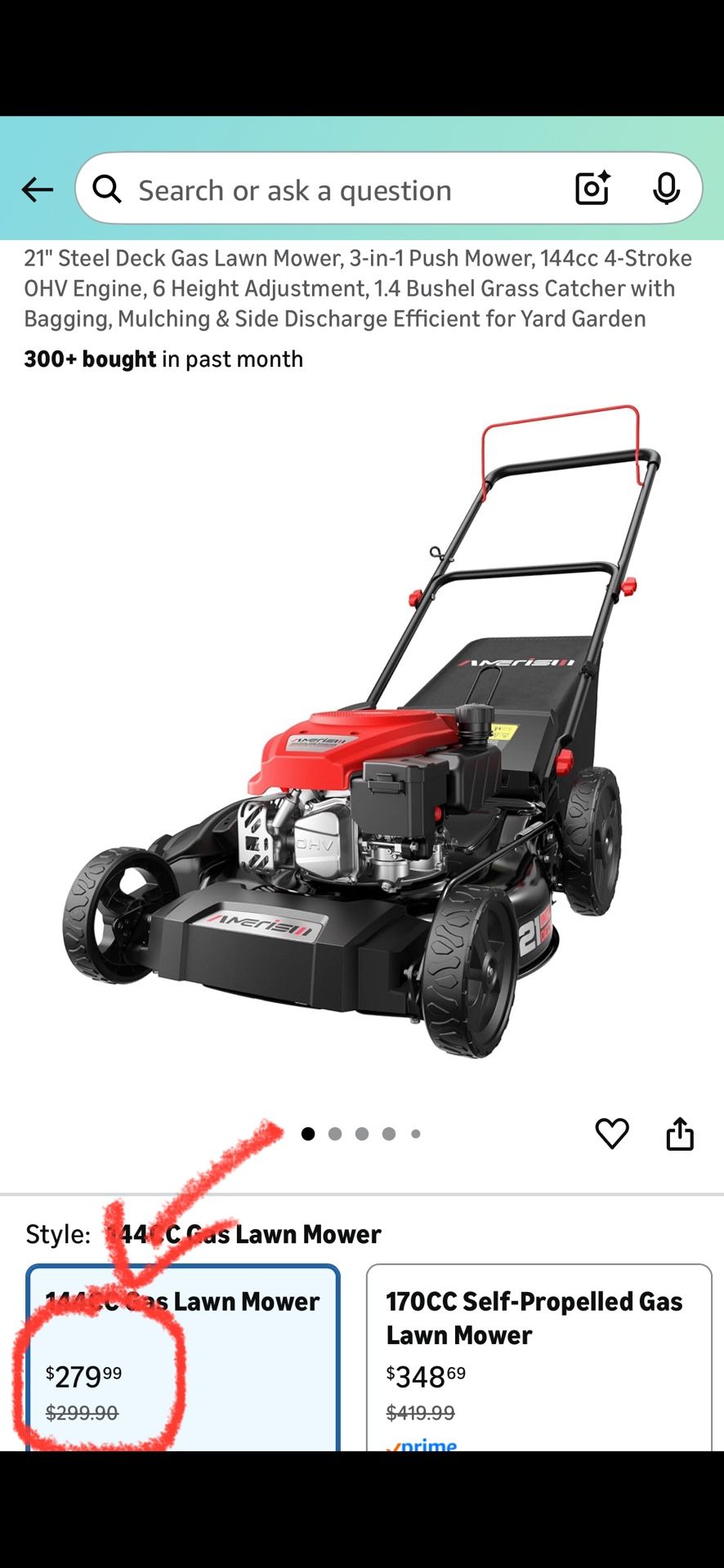 AMERISUN 21" Steel Deck Gas Lawn Mower, 3-in-1 Push Mower 144cc