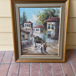 21x25 Village Scene Oil Painting Signed