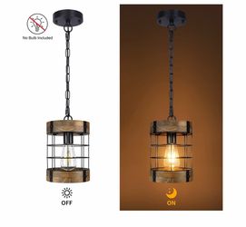Rustic Pendant Light Fixtures, Farmhouse Kitchen Wood Hanging Lighting, Industrial Round Cage Chandelier for Entryway Hallway Dining Room Bedroom Foye