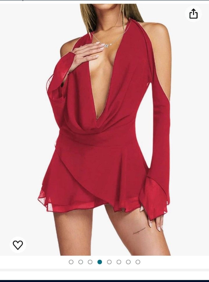 Hilinker Women's Sexy Deep V Neck Bodycon Dress Long Flare Sleeve Mini Party Dresses