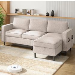 78 Inch L Shaped Couch, Modern Convertible Sectional Sofa with Movable Storage Ottoman, Linen 3 Seat Sectional Couch for Living Room, Apartment and Sm