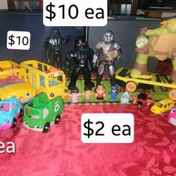 Little people toys, cars, busses.l, Barbie cars, Star Wars Darth Vader & Mandelorian
TMNT ninja turtle on scale board
Shopkins Cutie Car $2
Kidoozie F