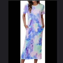 Split Side Fashion Print Midi Kaftan Dress with Pockets Summer Short Sleeve Round Neck Casual Tunic Dresses