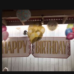 Happy Birthday Banner W 3 Balloons Hard Plastic 