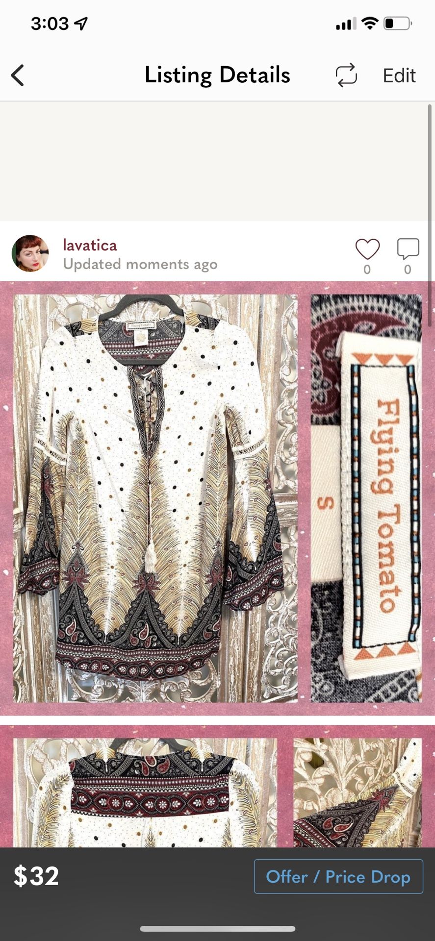 Flying tomato bohemian tunic dress with flowing arms size Small excellent condition 