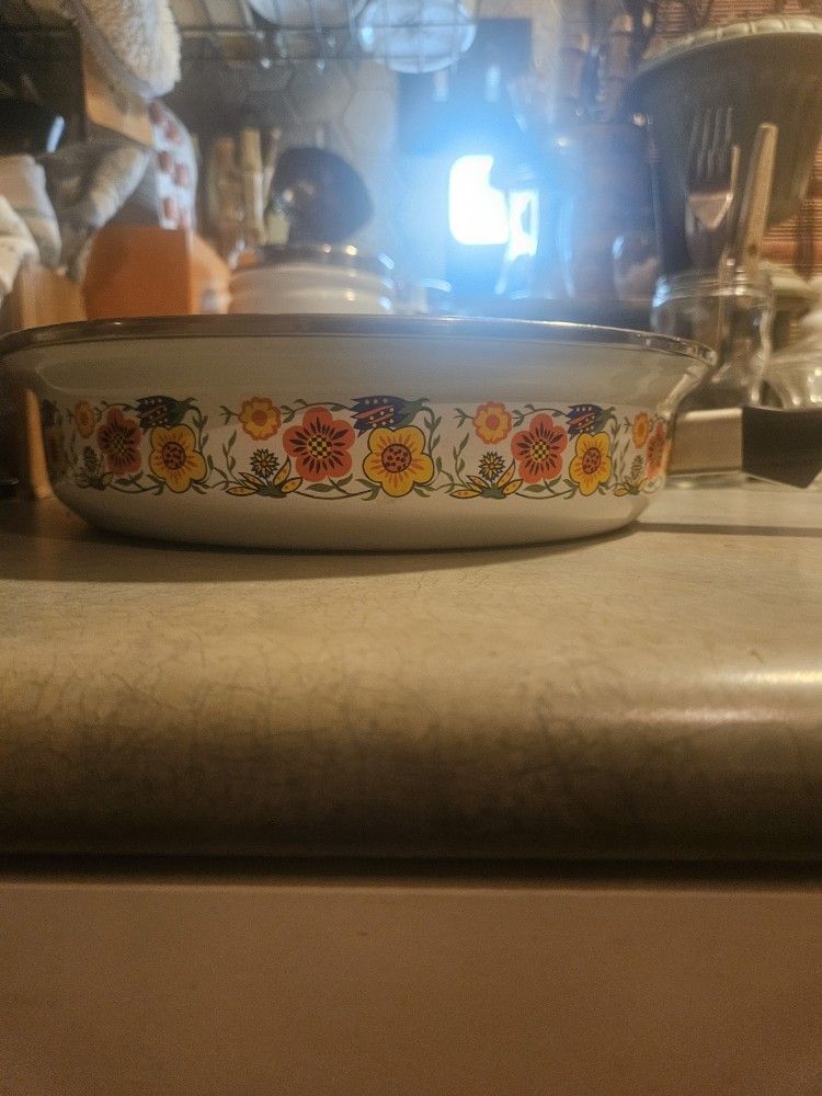 60s-70s Enamel Floral FRYING PAN.Never Used