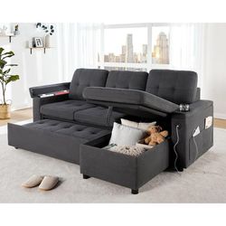 Sleeper Sofa, Tufted Sofa Bed with USB & Cup Holders, L Shape Couch for Living Room- Linen
