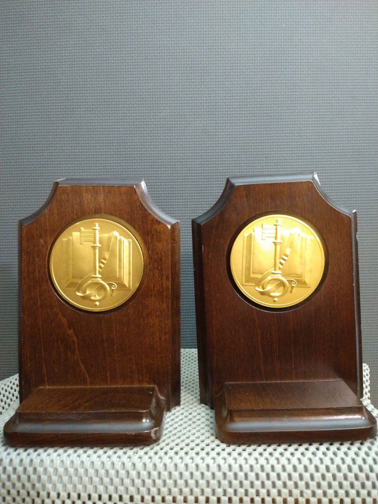 Vintage Wooden Bookends with Brass Inlay