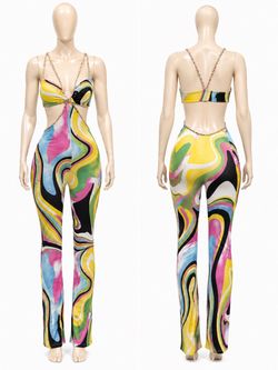 Colorful Swirl Print Crop Top and Flare Pants One piece