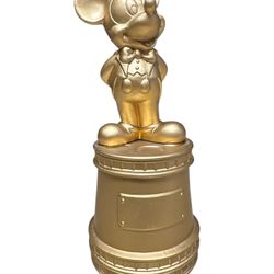 Rare Disney Japan Mickey Mouse Gold Ceramic Award Trophy Figurine Statue. This 7” collectible item features Mickey Mouse in a tuxedo standing on a bas