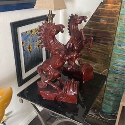 Pair of Horse Original Wood Carving Statue