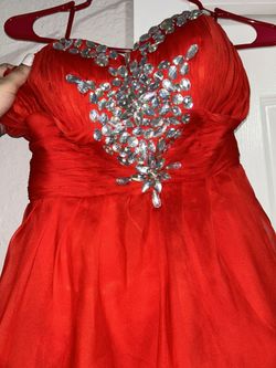 High Low Ruffled Red Gown With Beaded Top And Corset Style Bodice