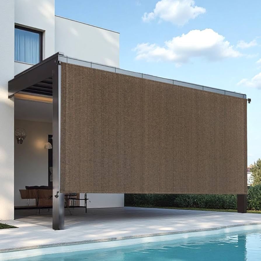 8’ W x 8' H Outdoor Roller Shade with Crank Handle, Cordless Patio Sun Shade for Porch, Gazebo, Pergola, Mocha UV Blocking Exterior Blinds